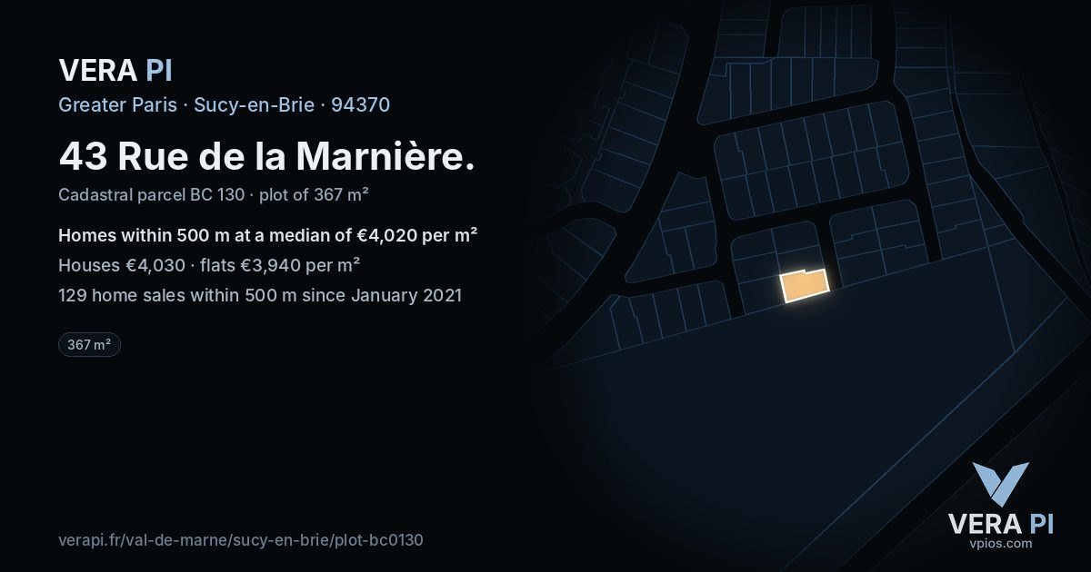 43 Rue de la Marnière, Sucy-en-Brie at night – the plot lit, the parcels around coloured by the prices near them