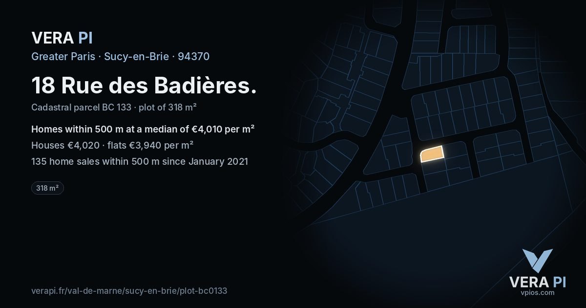 18 Rue des Badières, Sucy-en-Brie at night – the plot lit, the parcels around coloured by the prices near them