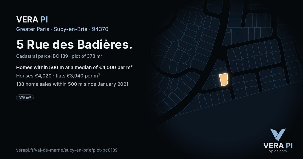 5 Rue des Badières, Sucy-en-Brie at night – the plot lit, the parcels around coloured by the prices near them