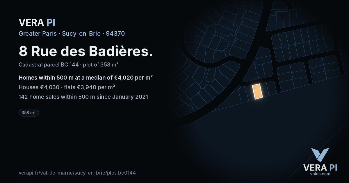 8 Rue des Badières, Sucy-en-Brie at night – the plot lit, the parcels around coloured by the prices near them
