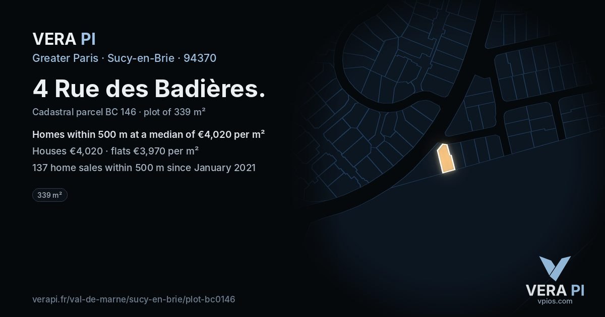 4 Rue des Badières, Sucy-en-Brie at night – the plot lit, the parcels around coloured by the prices near them