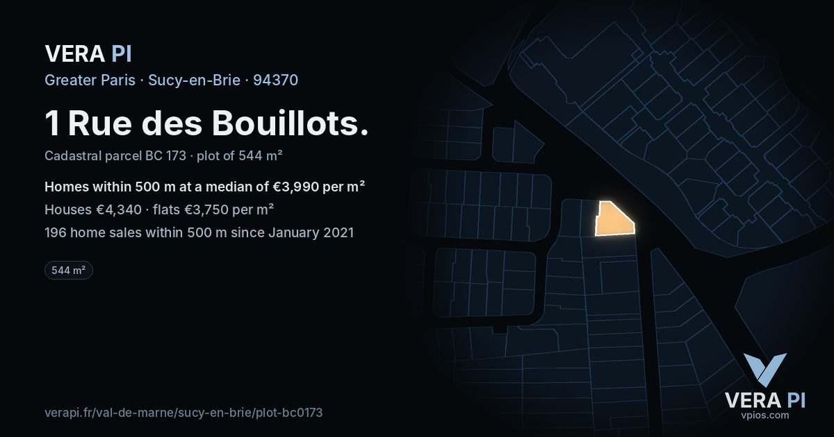 1 Rue des Bouillots, Sucy-en-Brie at night – the plot lit, the parcels around coloured by the prices near them