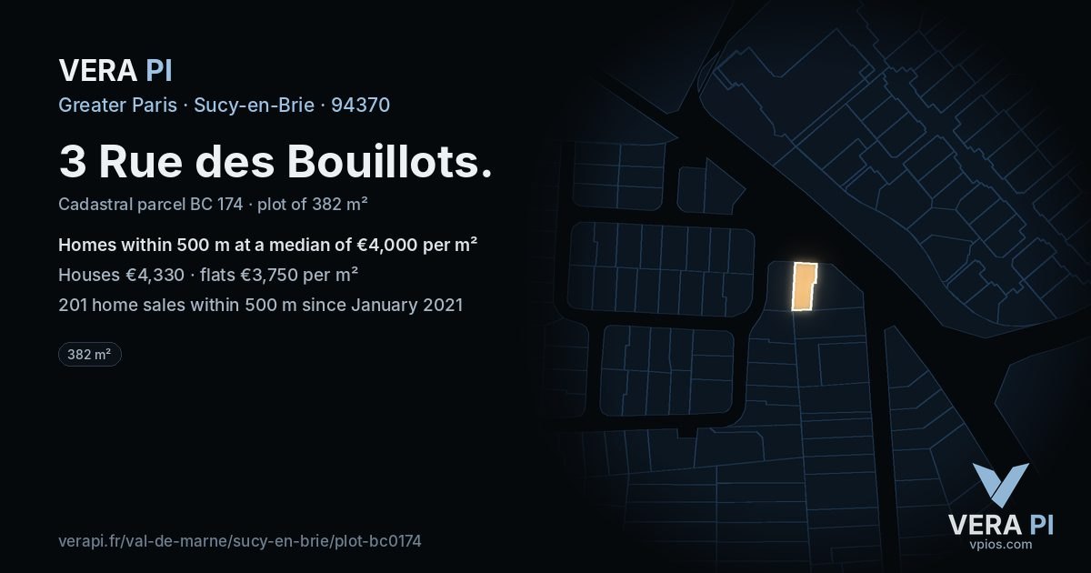 3 Rue des Bouillots, Sucy-en-Brie at night – the plot lit, the parcels around coloured by the prices near them