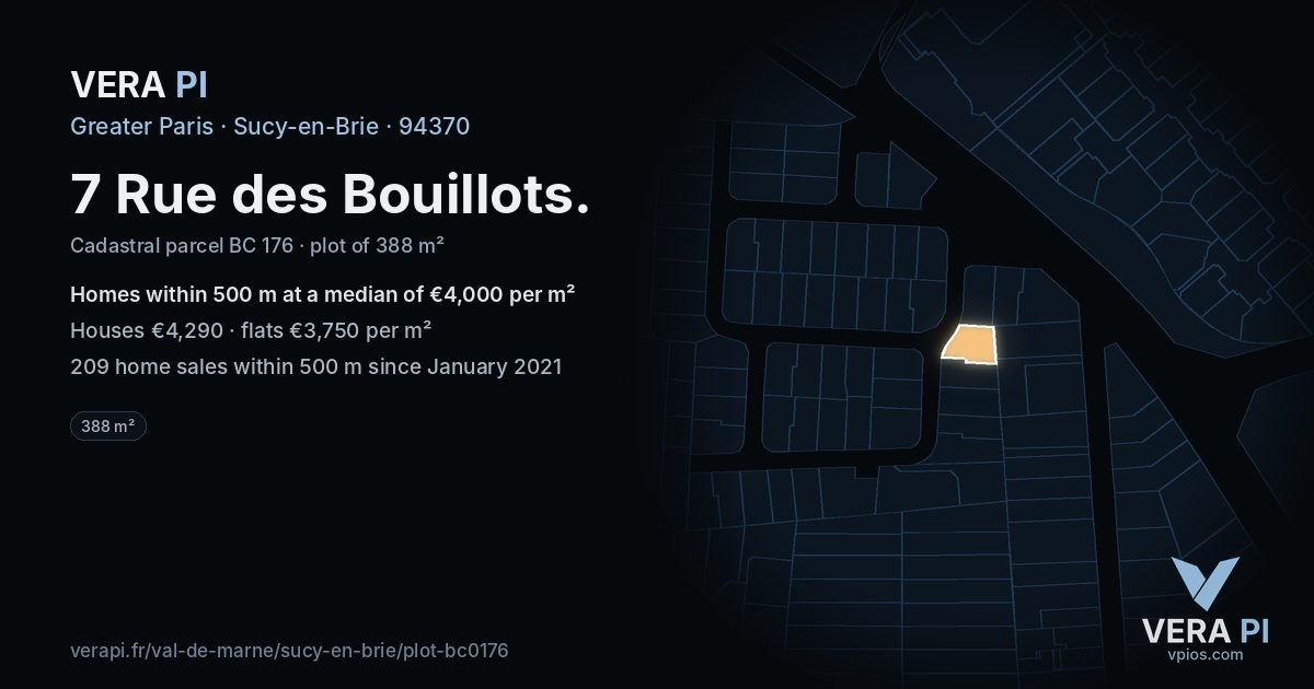 7 Rue des Bouillots, Sucy-en-Brie at night – the plot lit, the parcels around coloured by the prices near them