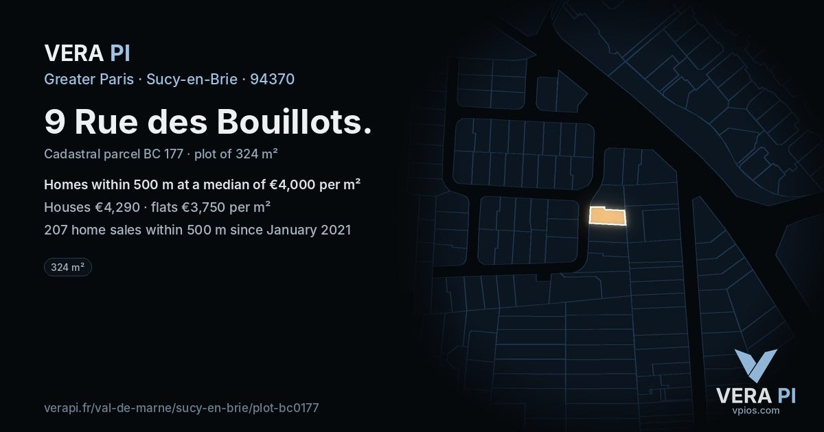 9 Rue des Bouillots, Sucy-en-Brie at night – the plot lit, the parcels around coloured by the prices near them