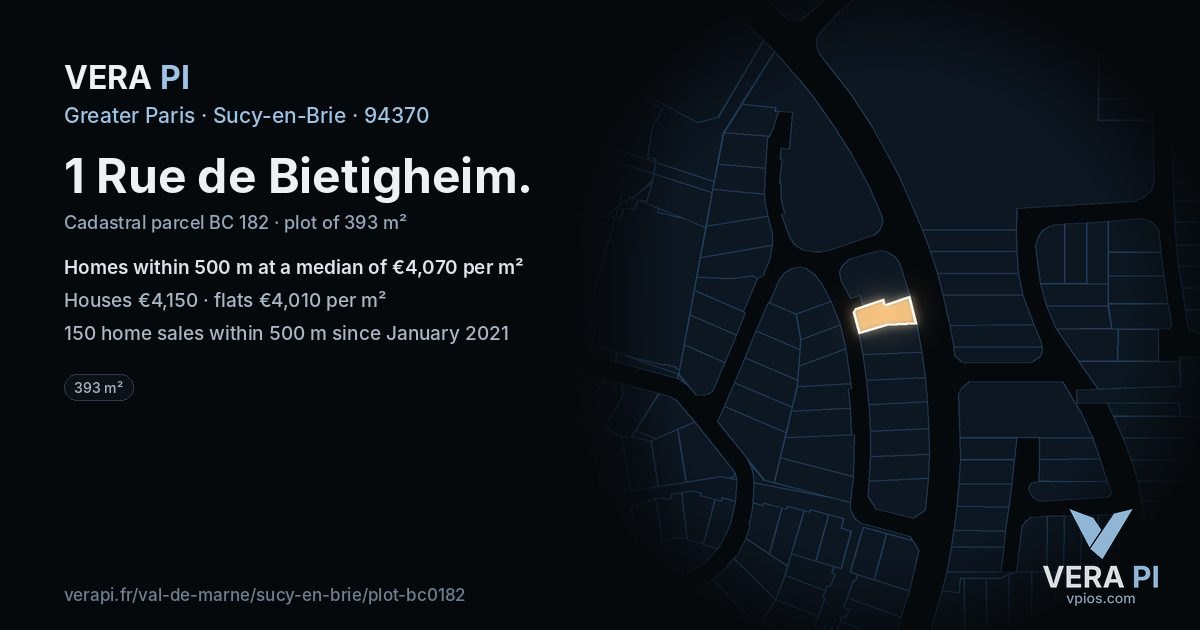 1 Rue de Bietigheim, Sucy-en-Brie at night – the plot lit, the parcels around coloured by the prices near them
