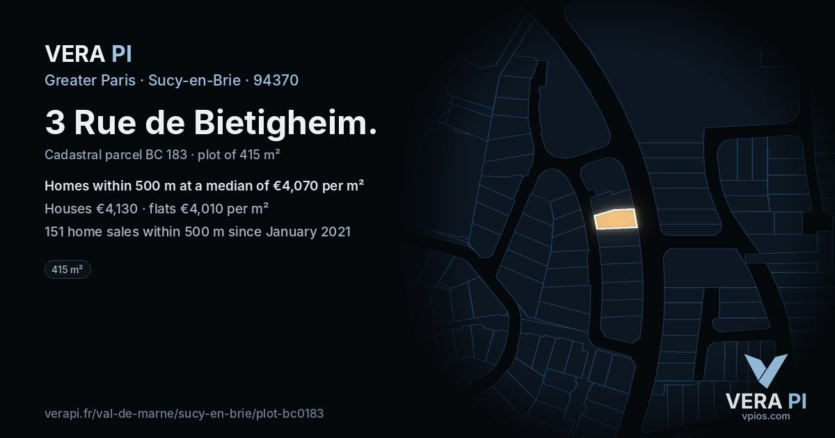 3 Rue de Bietigheim, Sucy-en-Brie at night – the plot lit, the parcels around coloured by the prices near them