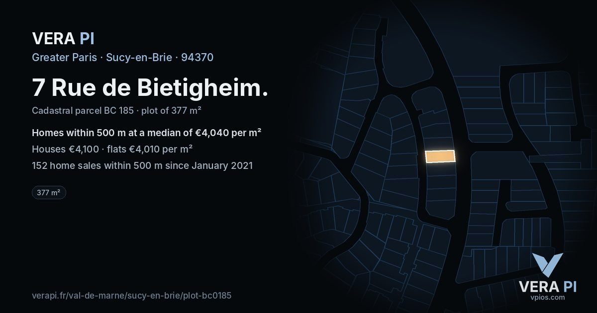 7 Rue de Bietigheim, Sucy-en-Brie at night – the plot lit, the parcels around coloured by the prices near them