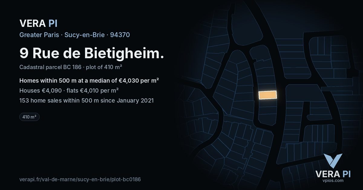 9 Rue de Bietigheim, Sucy-en-Brie at night – the plot lit, the parcels around coloured by the prices near them
