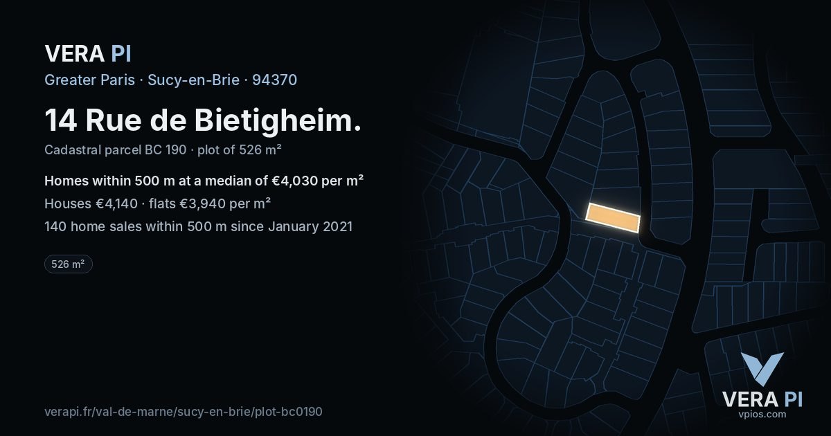14 Rue de Bietigheim, Sucy-en-Brie at night – the plot lit, the parcels around coloured by the prices near them