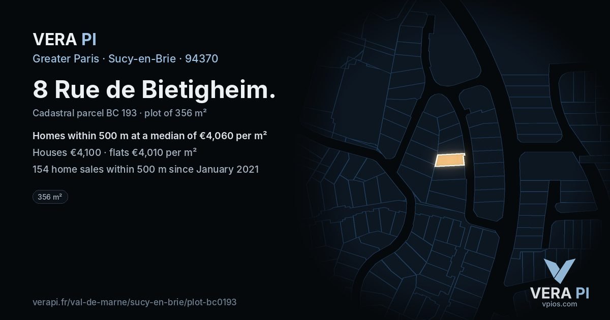 8 Rue de Bietigheim, Sucy-en-Brie at night – the plot lit, the parcels around coloured by the prices near them