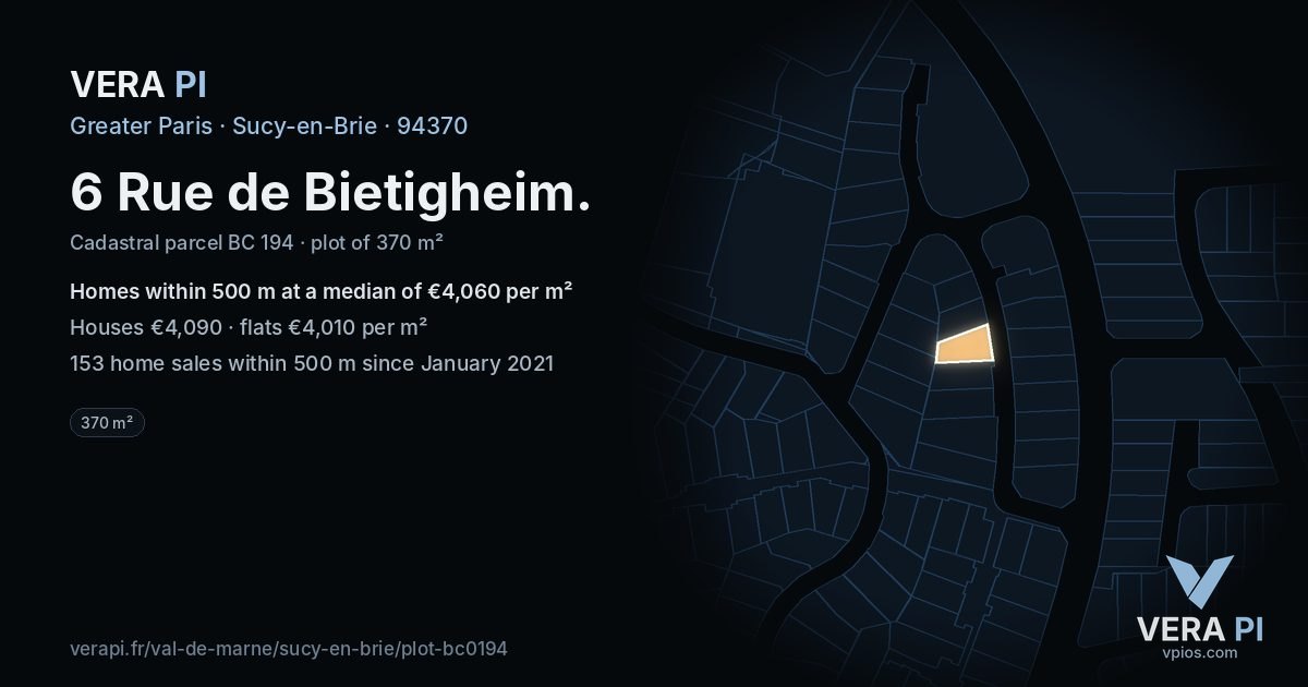 6 Rue de Bietigheim, Sucy-en-Brie at night – the plot lit, the parcels around coloured by the prices near them