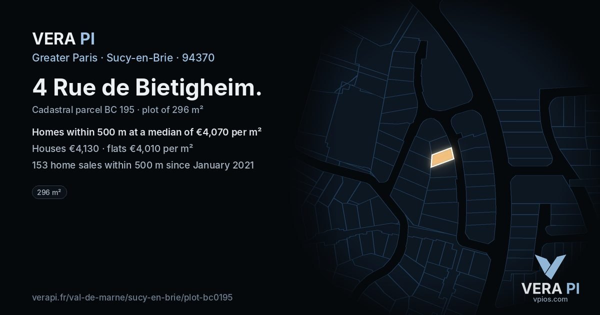 4 Rue de Bietigheim, Sucy-en-Brie at night – the plot lit, the parcels around coloured by the prices near them