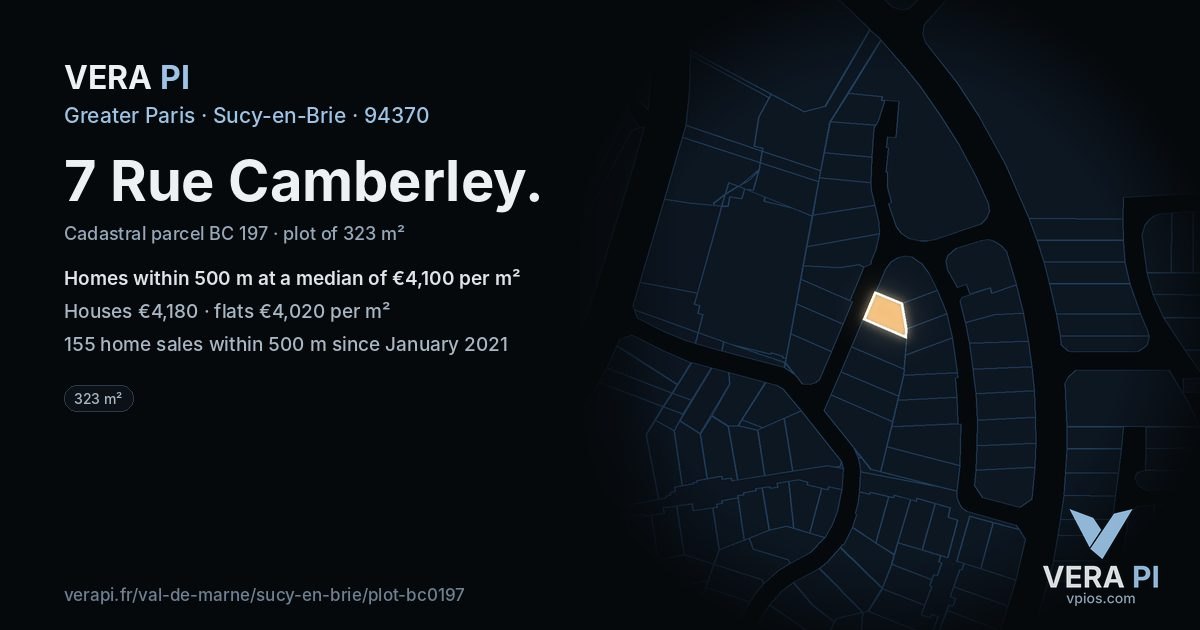 7 Rue Camberley, Sucy-en-Brie at night – the plot lit, the parcels around coloured by the prices near them