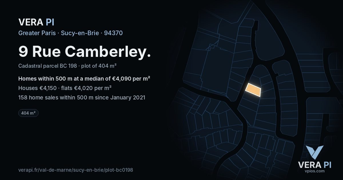 9 Rue Camberley, Sucy-en-Brie at night – the plot lit, the parcels around coloured by the prices near them