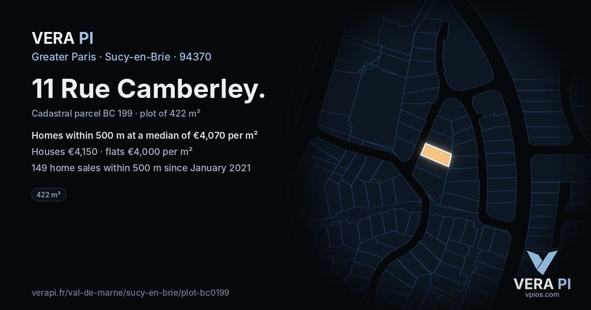11 Rue Camberley, Sucy-en-Brie at night – the plot lit, the parcels around coloured by the prices near them