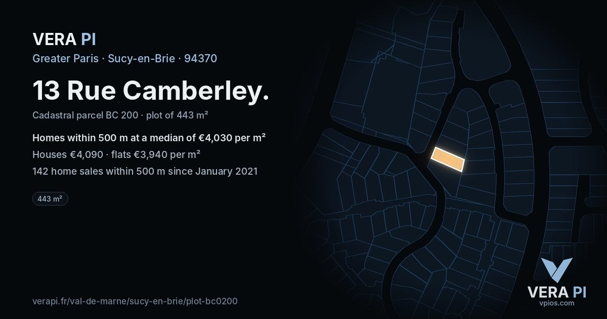 13 Rue Camberley, Sucy-en-Brie at night – the plot lit, the parcels around coloured by the prices near them