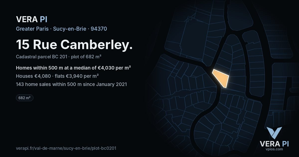 15 Rue Camberley, Sucy-en-Brie at night – the plot lit, the parcels around coloured by the prices near them