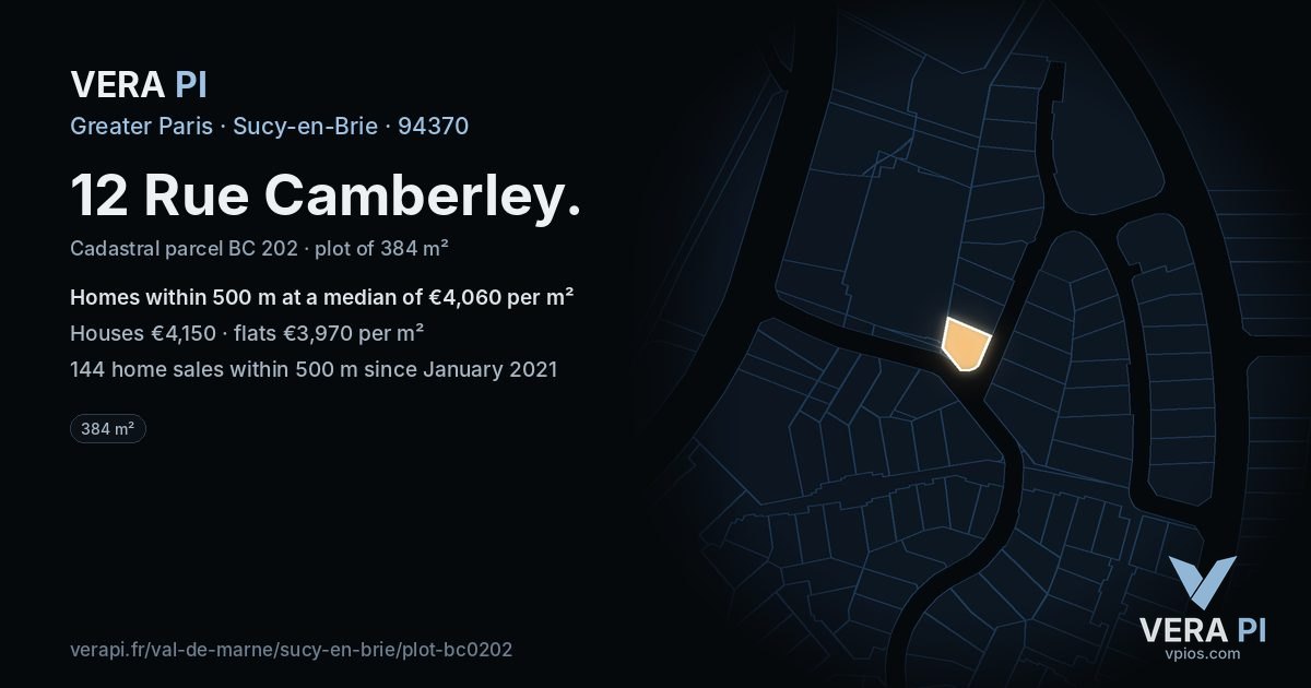 12 Rue Camberley, Sucy-en-Brie at night – the plot lit, the parcels around coloured by the prices near them