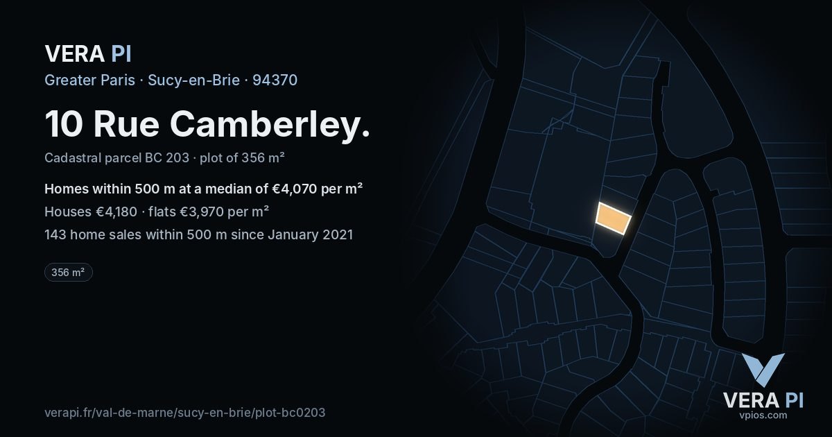 10 Rue Camberley, Sucy-en-Brie at night – the plot lit, the parcels around coloured by the prices near them
