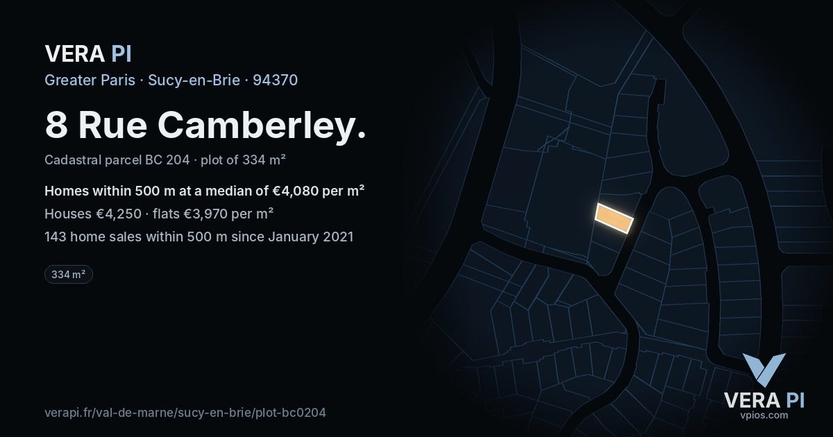 8 Rue Camberley, Sucy-en-Brie at night – the plot lit, the parcels around coloured by the prices near them