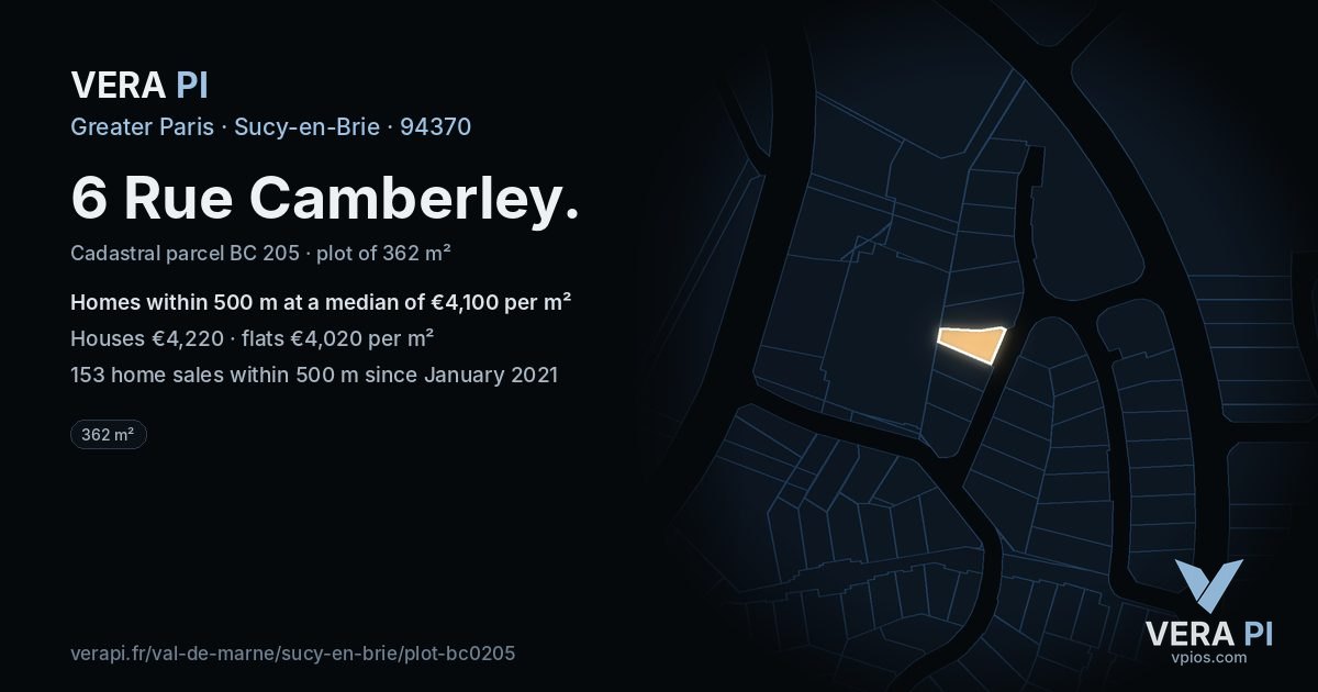 6 Rue Camberley, Sucy-en-Brie at night – the plot lit, the parcels around coloured by the prices near them