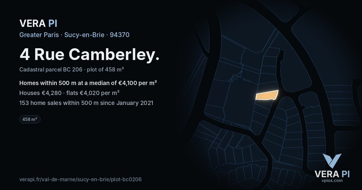 4 Rue Camberley, Sucy-en-Brie at night – the plot lit, the parcels around coloured by the prices near them