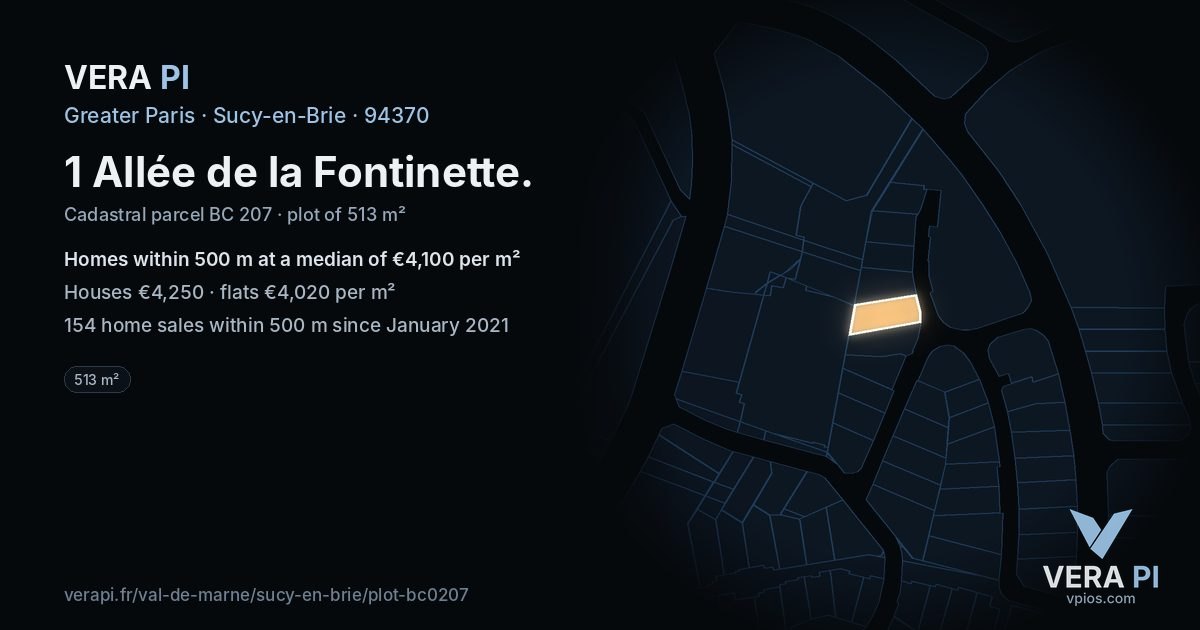 1 Allée de la Fontinette, Sucy-en-Brie at night – the plot lit, the parcels around coloured by the prices near them