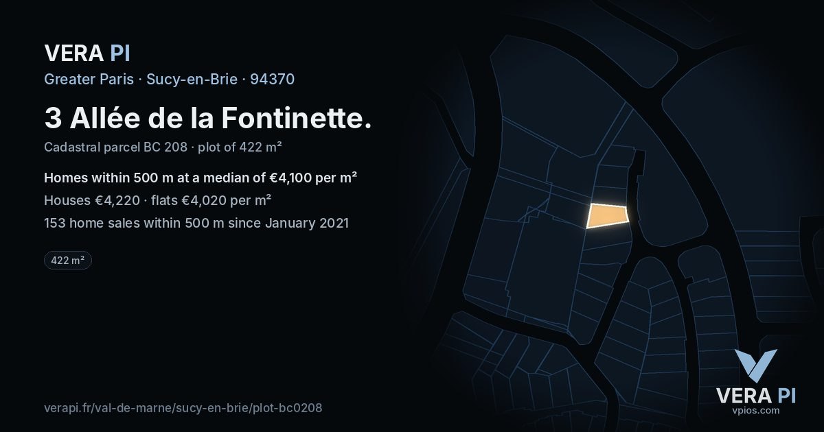 3 Allée de la Fontinette, Sucy-en-Brie at night – the plot lit, the parcels around coloured by the prices near them