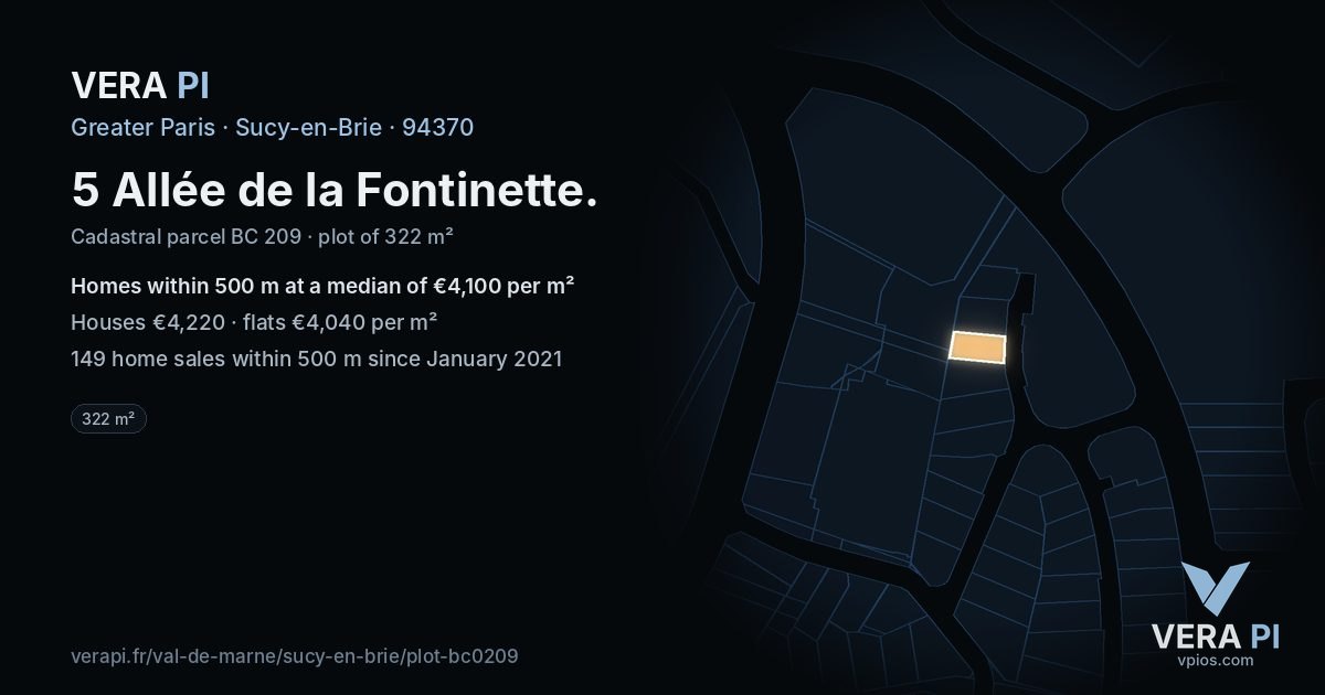 5 Allée de la Fontinette, Sucy-en-Brie at night – the plot lit, the parcels around coloured by the prices near them