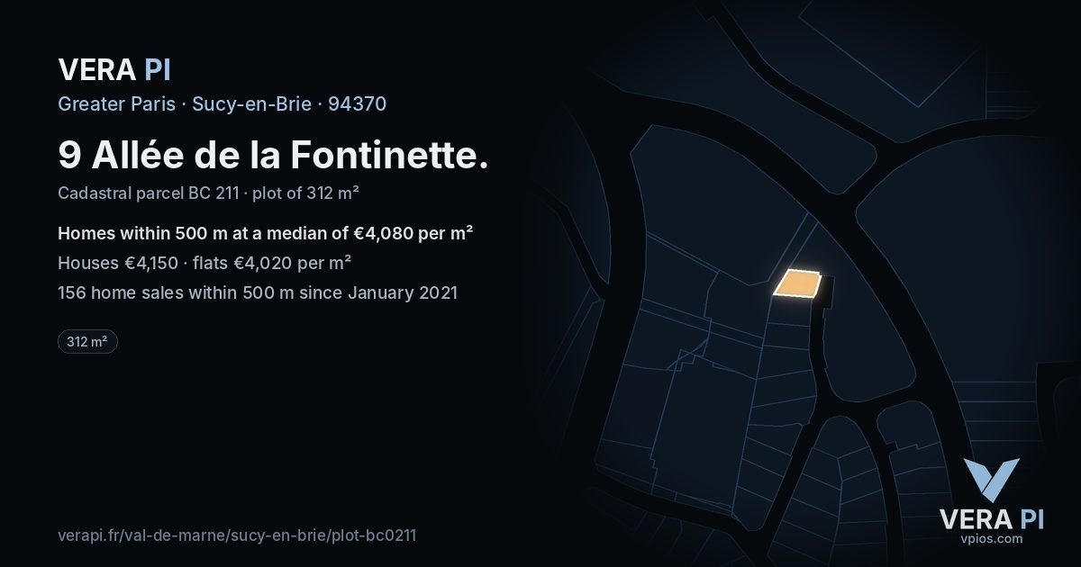 9 Allée de la Fontinette, Sucy-en-Brie at night – the plot lit, the parcels around coloured by the prices near them