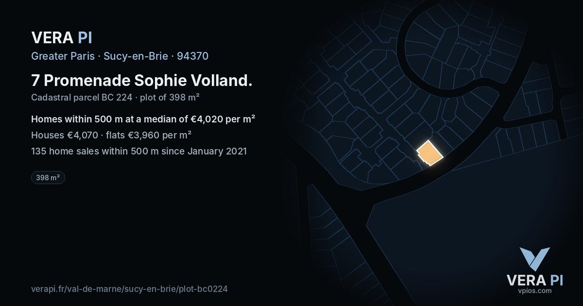 7 Promenade Sophie Volland, Sucy-en-Brie at night – the plot lit, the parcels around coloured by the prices near them