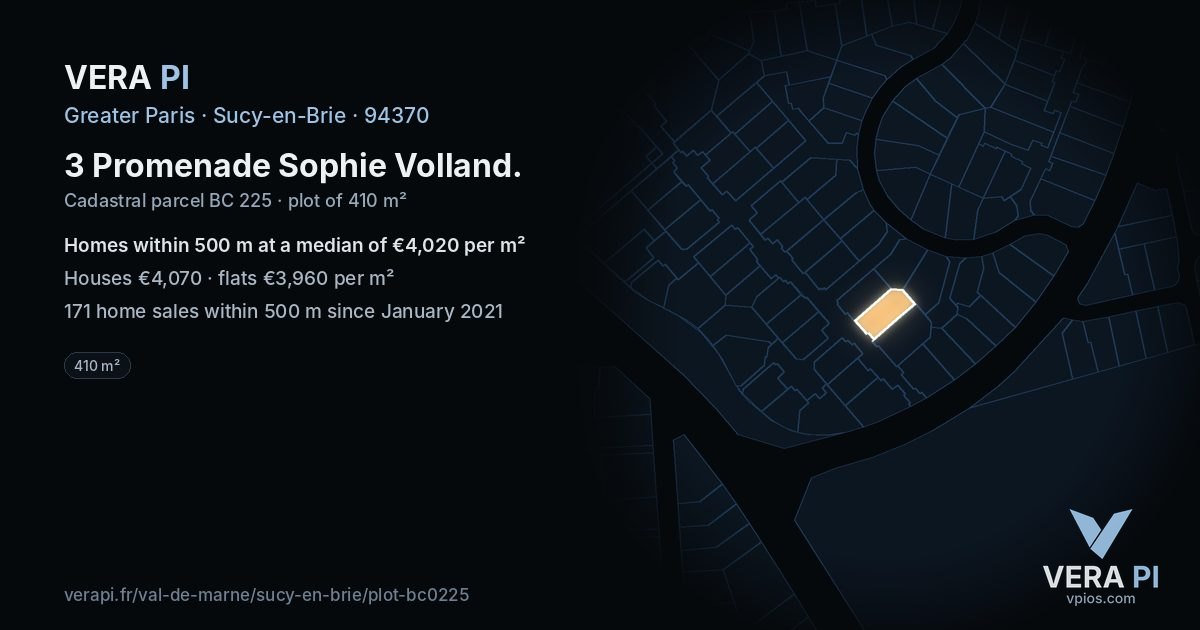 3 Promenade Sophie Volland, Sucy-en-Brie at night – the plot lit, the parcels around coloured by the prices near them