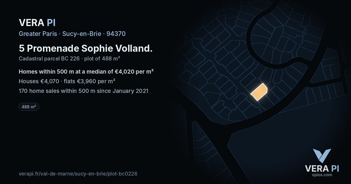 5 Promenade Sophie Volland, Sucy-en-Brie at night – the plot lit, the parcels around coloured by the prices near them
