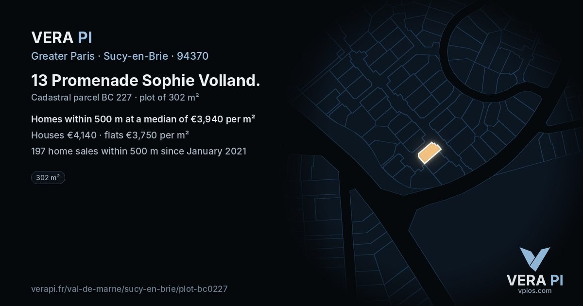13 Promenade Sophie Volland, Sucy-en-Brie at night – the plot lit, the parcels around coloured by the prices near them