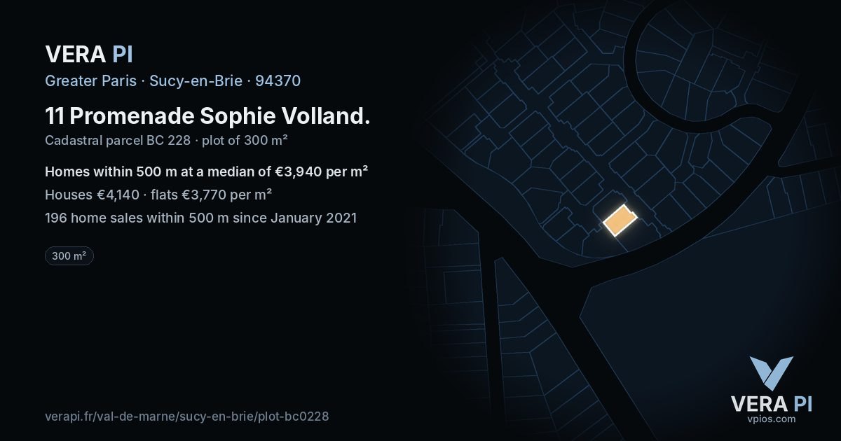 11 Promenade Sophie Volland, Sucy-en-Brie at night – the plot lit, the parcels around coloured by the prices near them