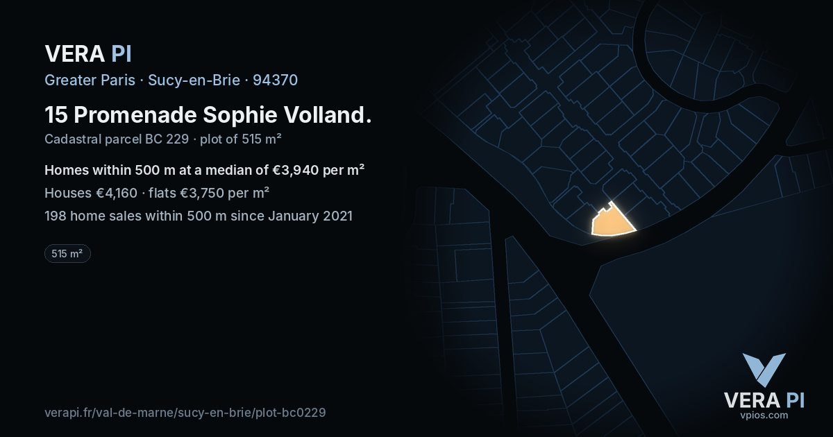 15 Promenade Sophie Volland, Sucy-en-Brie at night – the plot lit, the parcels around coloured by the prices near them