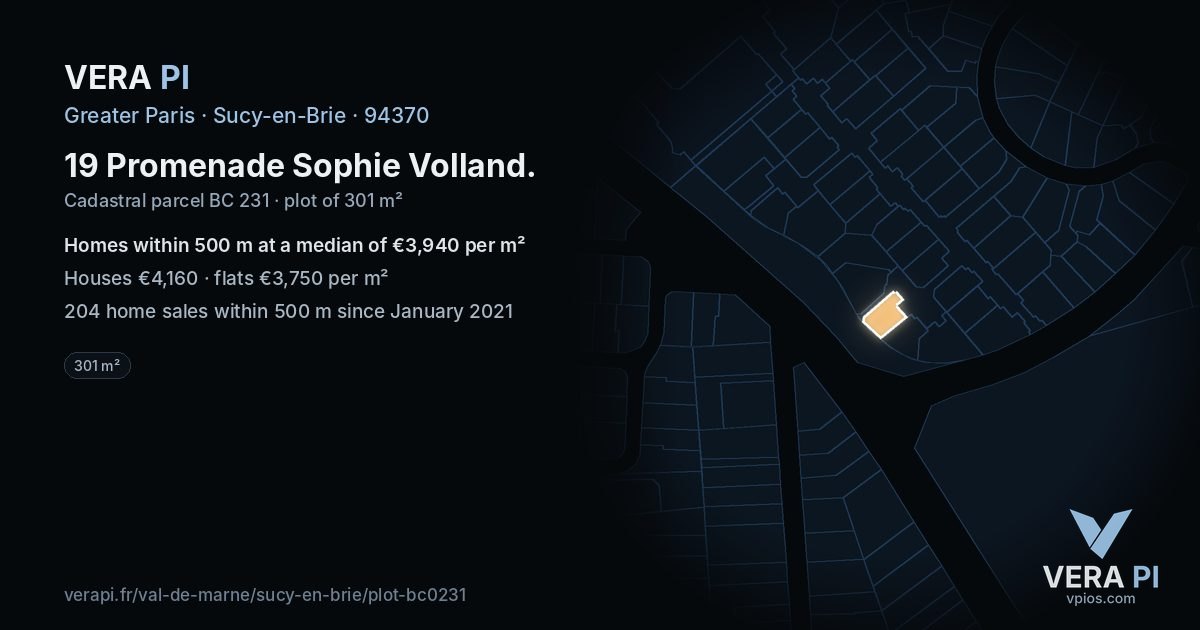 19 Promenade Sophie Volland, Sucy-en-Brie at night – the plot lit, the parcels around coloured by the prices near them