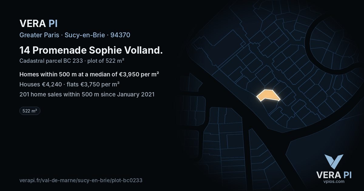 14 Promenade Sophie Volland, Sucy-en-Brie at night – the plot lit, the parcels around coloured by the prices near them