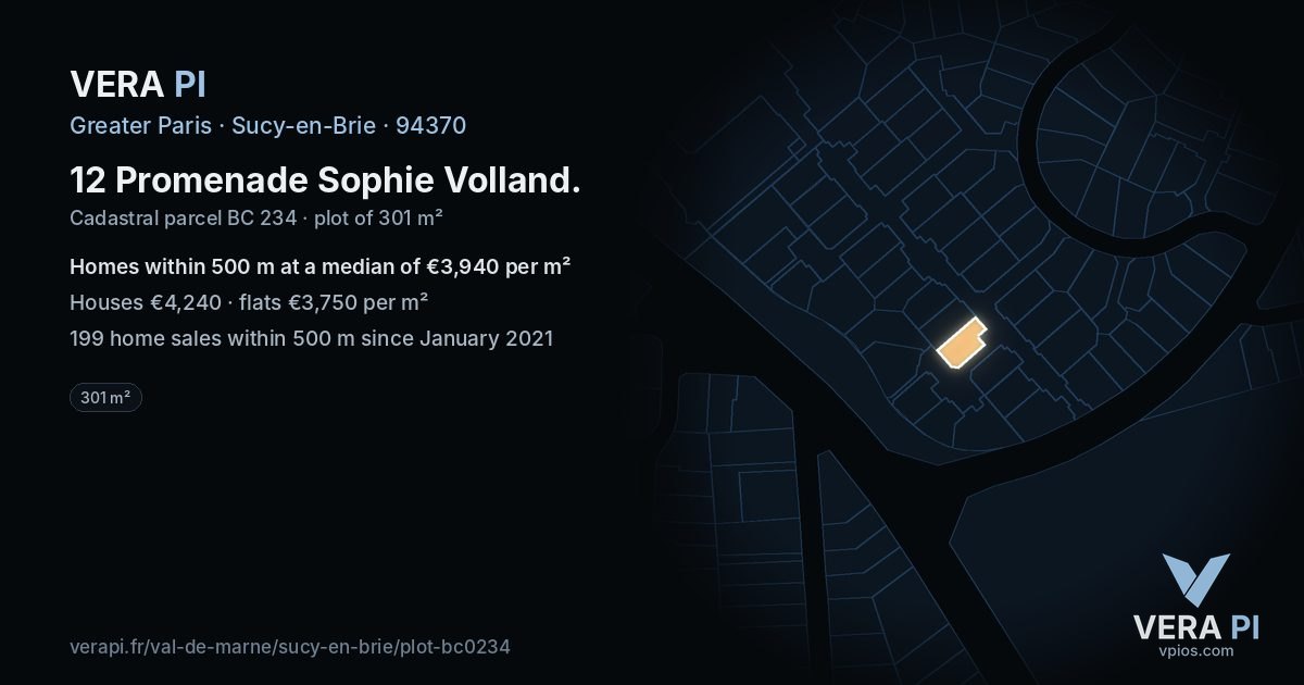 12 Promenade Sophie Volland, Sucy-en-Brie at night – the plot lit, the parcels around coloured by the prices near them
