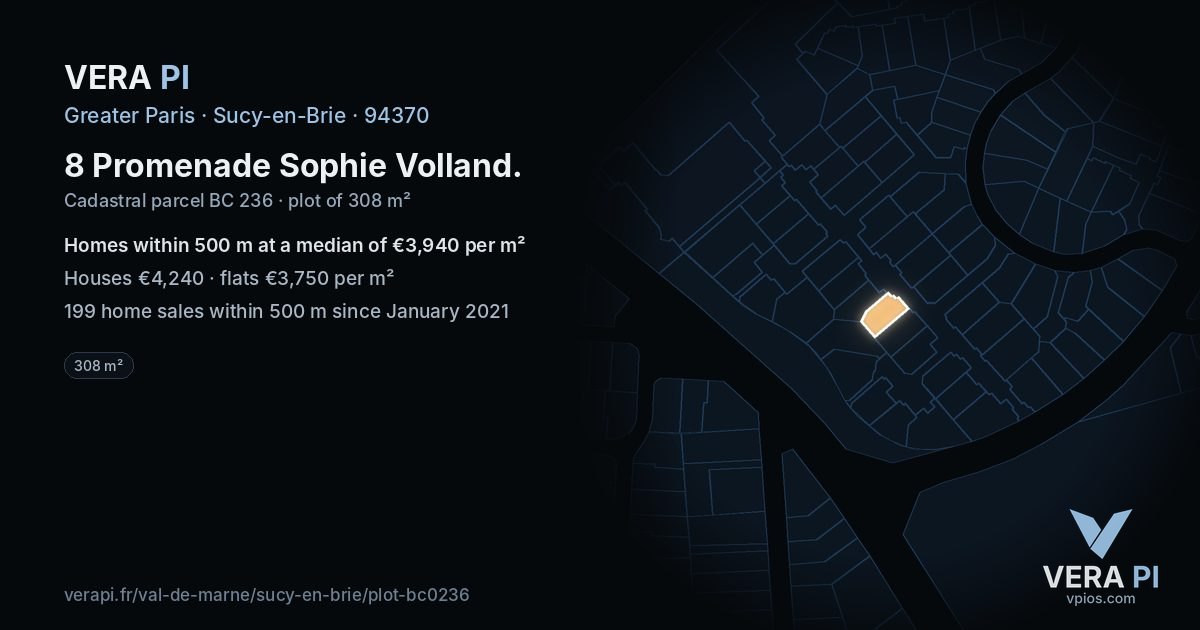 8 Promenade Sophie Volland, Sucy-en-Brie at night – the plot lit, the parcels around coloured by the prices near them