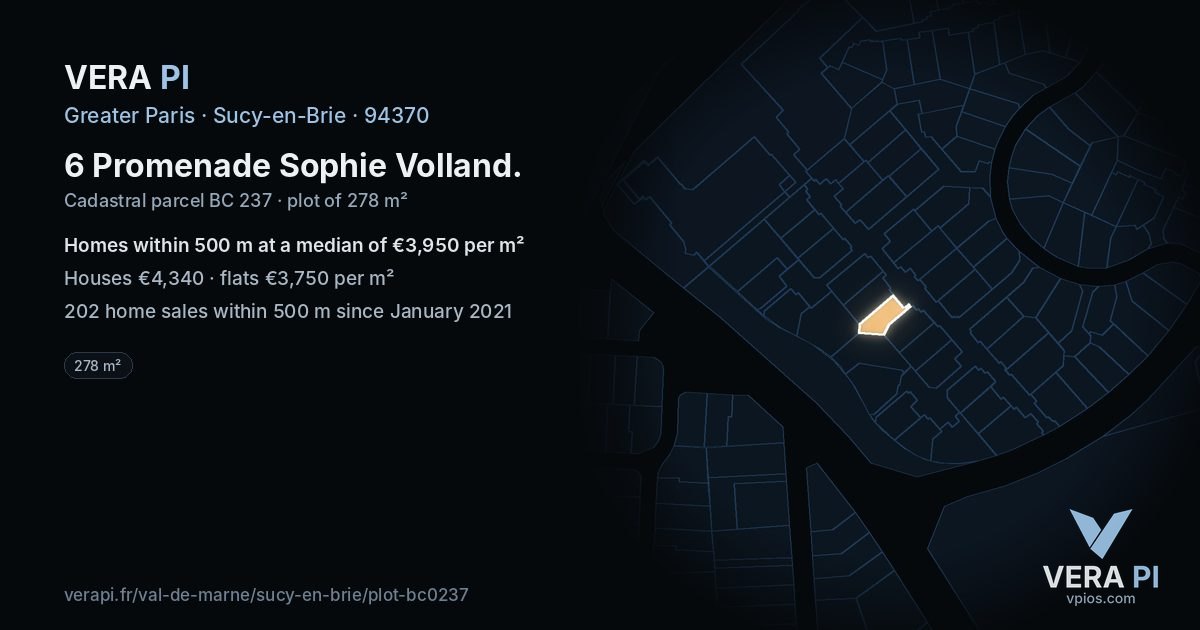 6 Promenade Sophie Volland, Sucy-en-Brie at night – the plot lit, the parcels around coloured by the prices near them