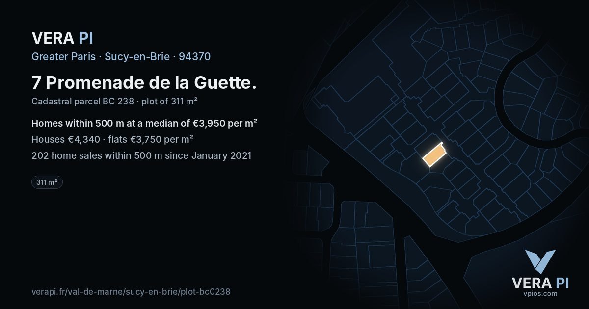 7 Promenade de la Guette, Sucy-en-Brie at night – the plot lit, the parcels around coloured by the prices near them