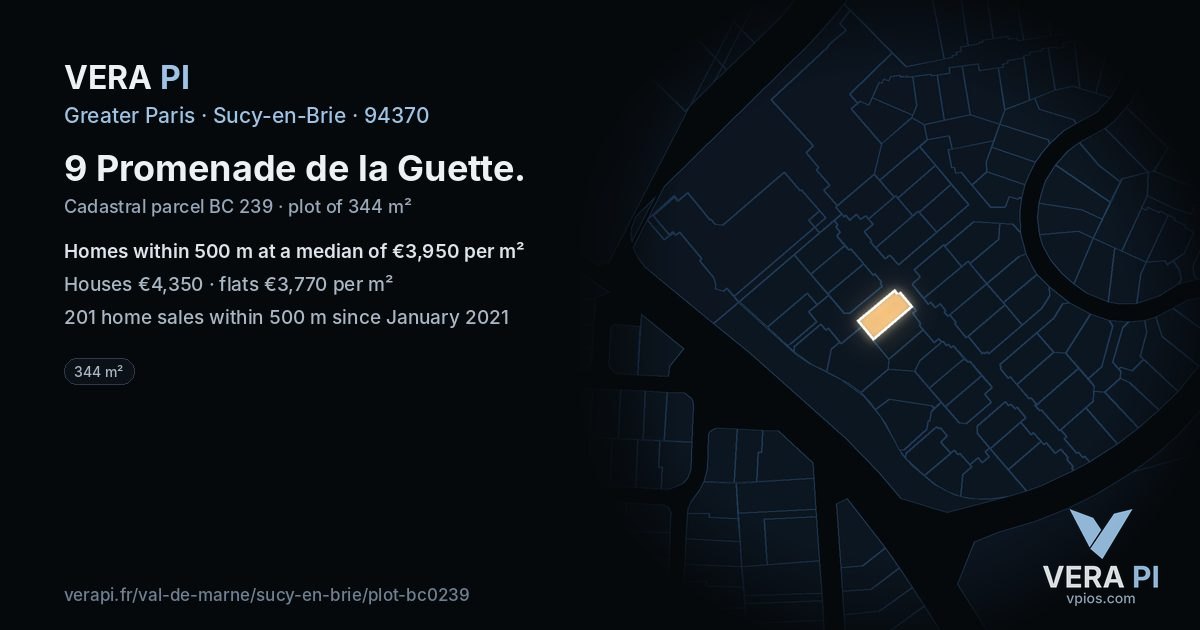9 Promenade de la Guette, Sucy-en-Brie at night – the plot lit, the parcels around coloured by the prices near them