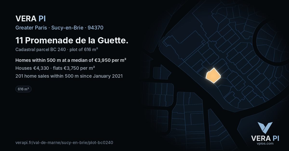 11 Promenade de la Guette, Sucy-en-Brie at night – the plot lit, the parcels around coloured by the prices near them