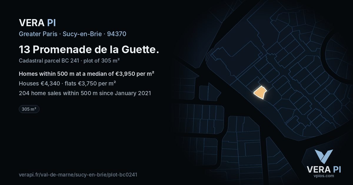 13 Promenade de la Guette, Sucy-en-Brie at night – the plot lit, the parcels around coloured by the prices near them