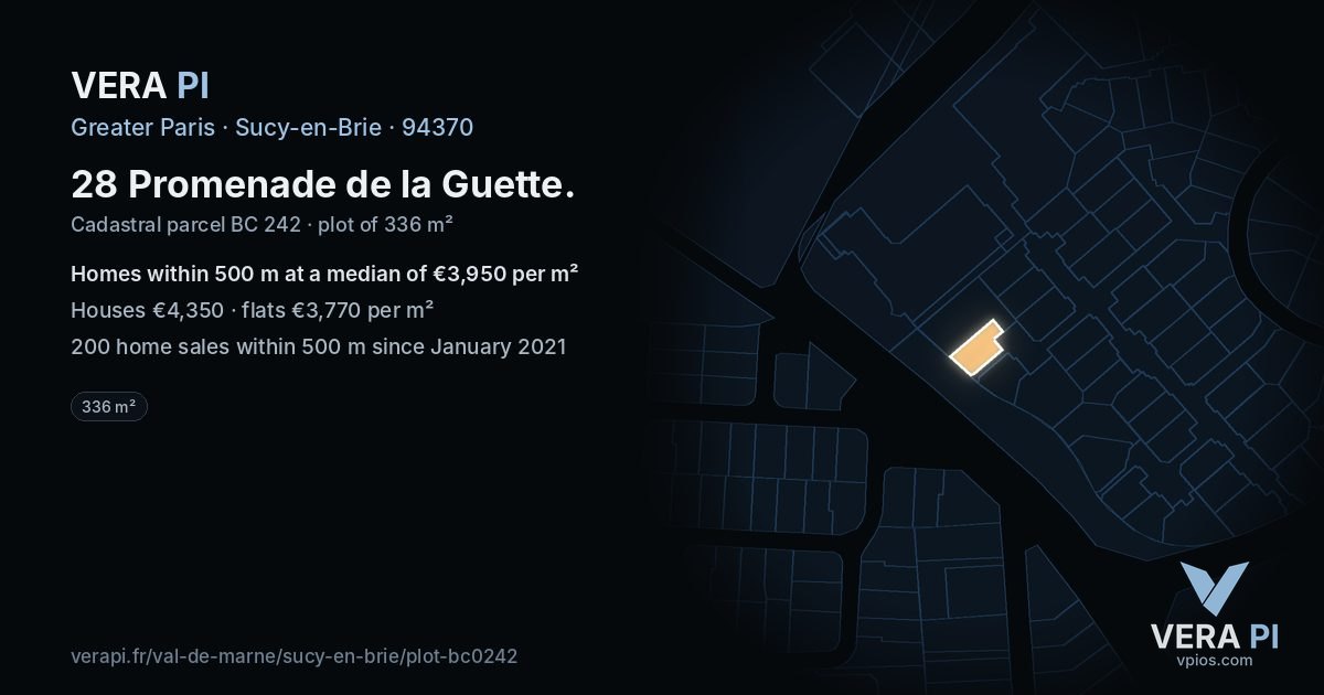 28 Promenade de la Guette, Sucy-en-Brie at night – the plot lit, the parcels around coloured by the prices near them
