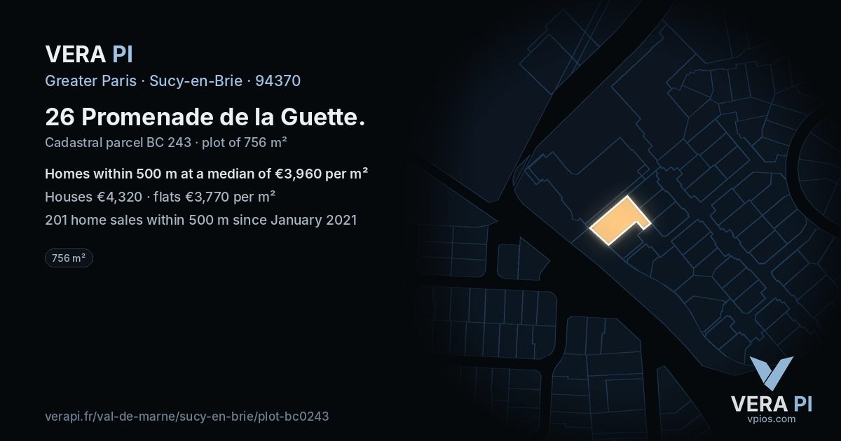 26 Promenade de la Guette, Sucy-en-Brie at night – the plot lit, the parcels around coloured by the prices near them