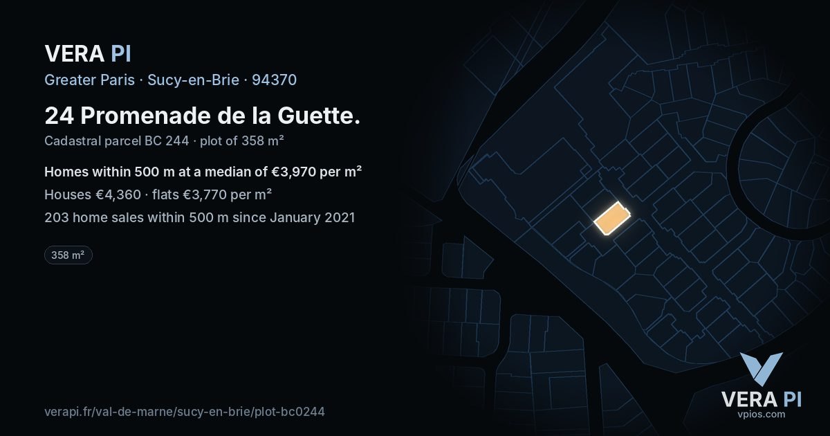 24 Promenade de la Guette, Sucy-en-Brie at night – the plot lit, the parcels around coloured by the prices near them