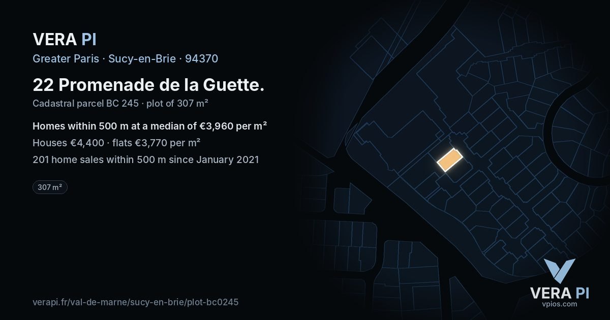 22 Promenade de la Guette, Sucy-en-Brie at night – the plot lit, the parcels around coloured by the prices near them